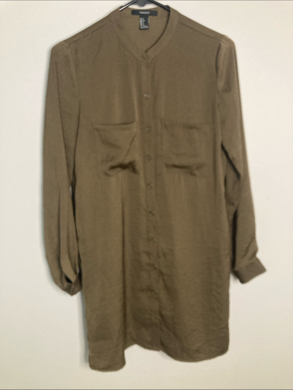 Forever 21 Olive Green Long Button-Down Shirt S Mandarin Collar Pockets